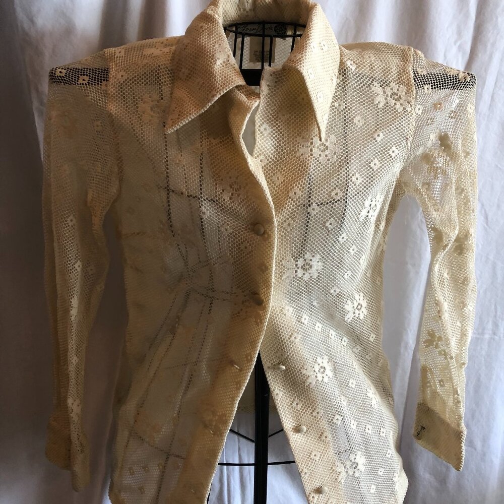 Chessa Davis SMALL Ivory Crochet Sheer Blouse READ MEASUREMENTS